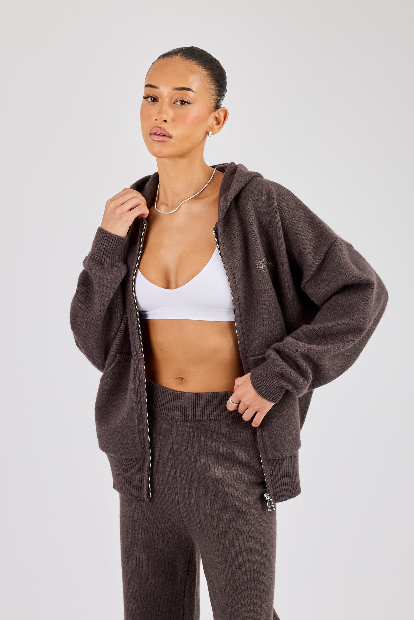 Knitted Cernucci Back Detail Zip Hoodie - Brown